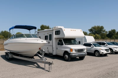 Open lot with boats, RVs, and vehicles securely parked